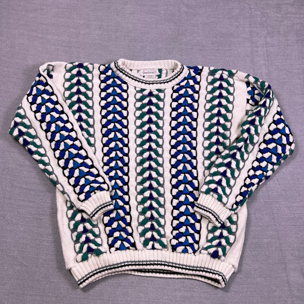 Bachrach Geometric Knit Crewneck Sweater‎ Mens Medium White Blue Green 8516BS